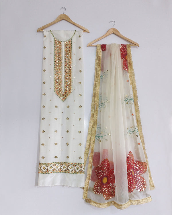 TWO PIECE RAW SILK SHIRT AND PURE SILK ORGANZA DUPATTA (UNSTICHED)